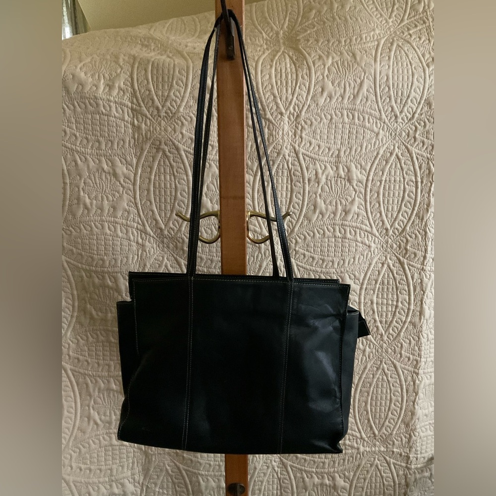 Classic Black Leather Tote Bag with Double Shoulder Straps